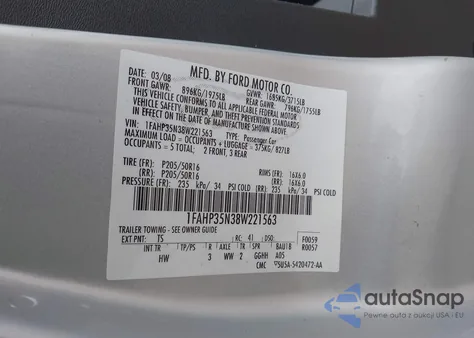 2008 Ford Focus Se/Ses z USA, uszkodzony, nr VIN 1FAHP35N38W221563